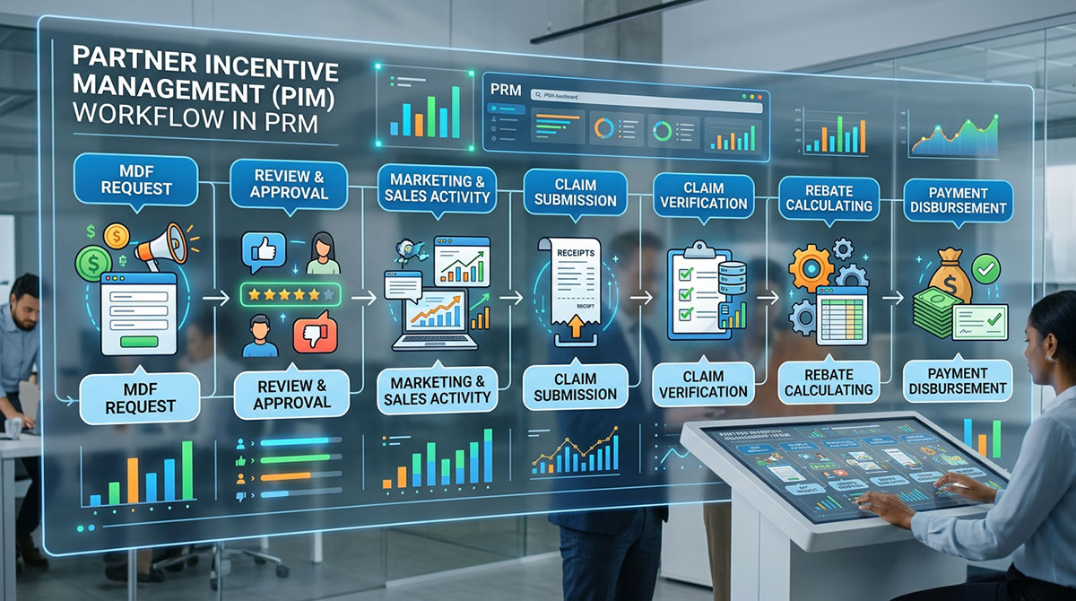 An infographic displaying the flow of partner incentive management in a PRM, from MDF requests to rebate payments.