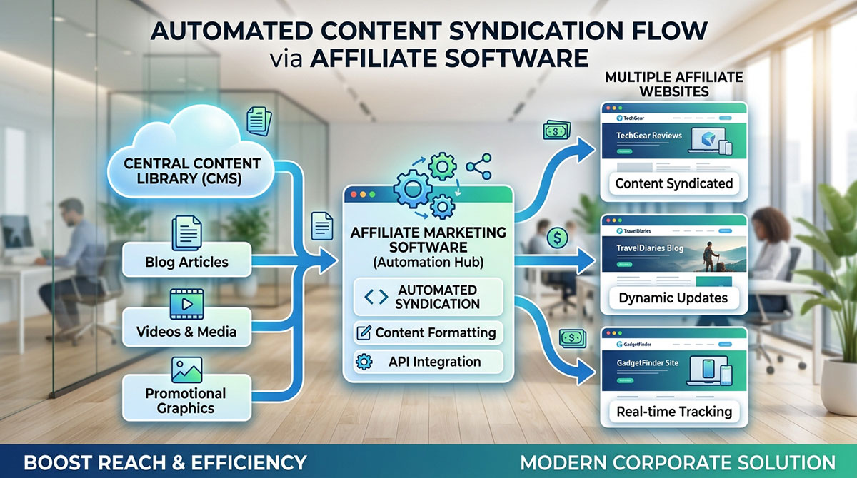 A flowchart showing how affiliate marketing software automates content syndication from a central library to multiple affiliate websites.