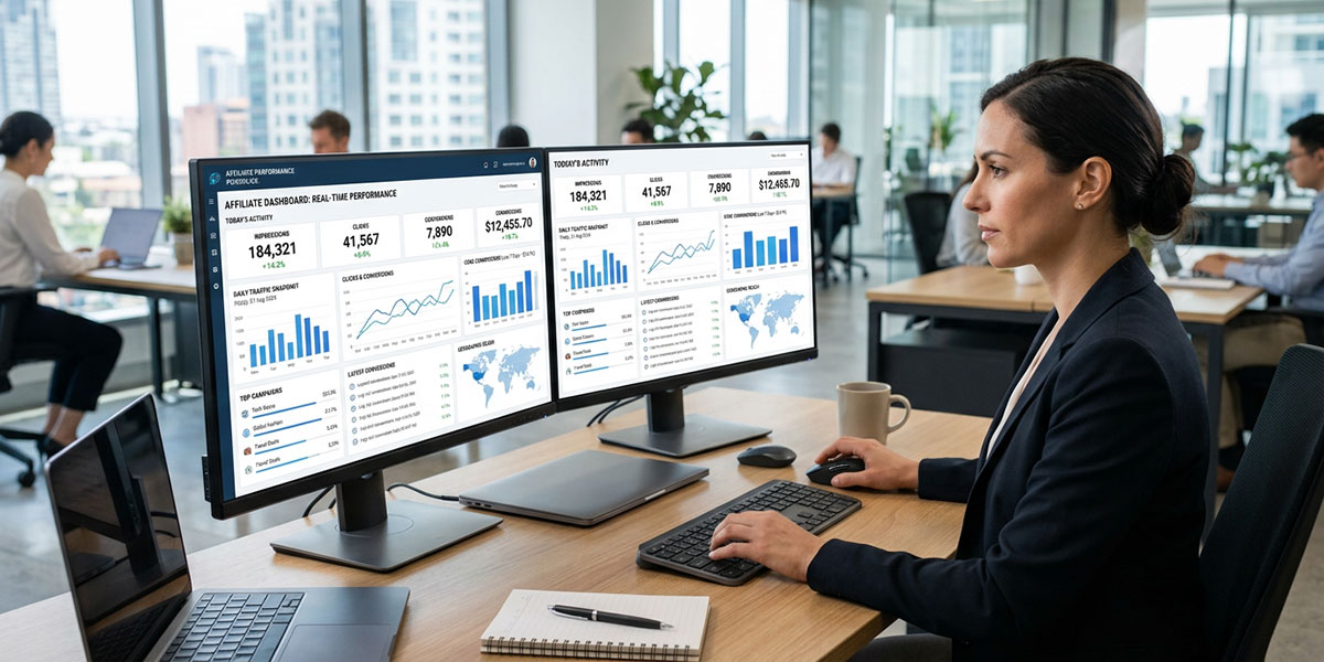 A dashboard from an affiliate marketing software showing real-time performance analytics, clicks, conversions, and commissions.