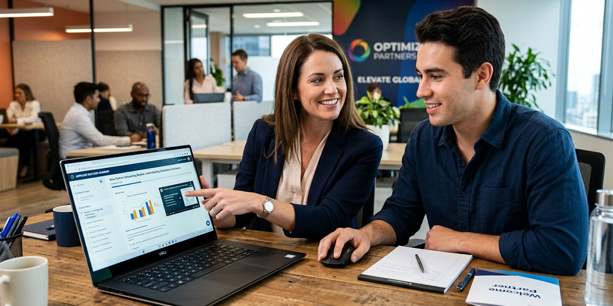 An affiliate manager guiding a new partner through an online training module on a laptop screen.