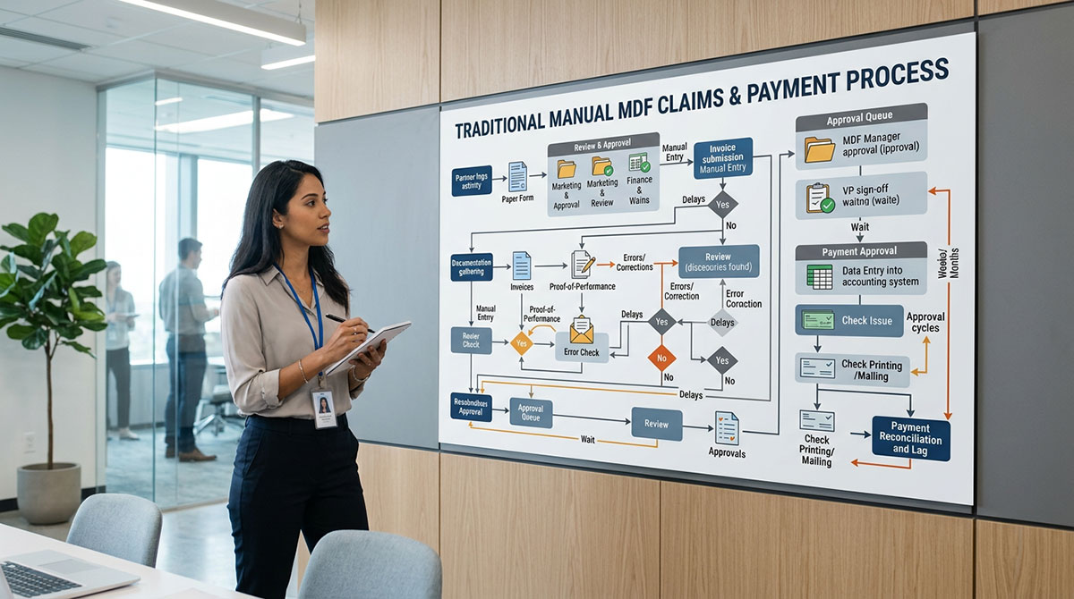 A flowchart showing the complicated manual process of traditional MDF claims and payments