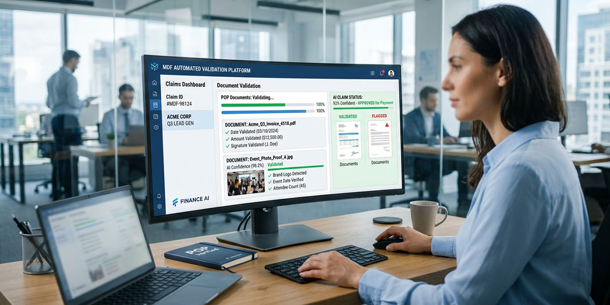 A user interface showing an AI agent automatically validating Proof of Performance documents for an MDF claim