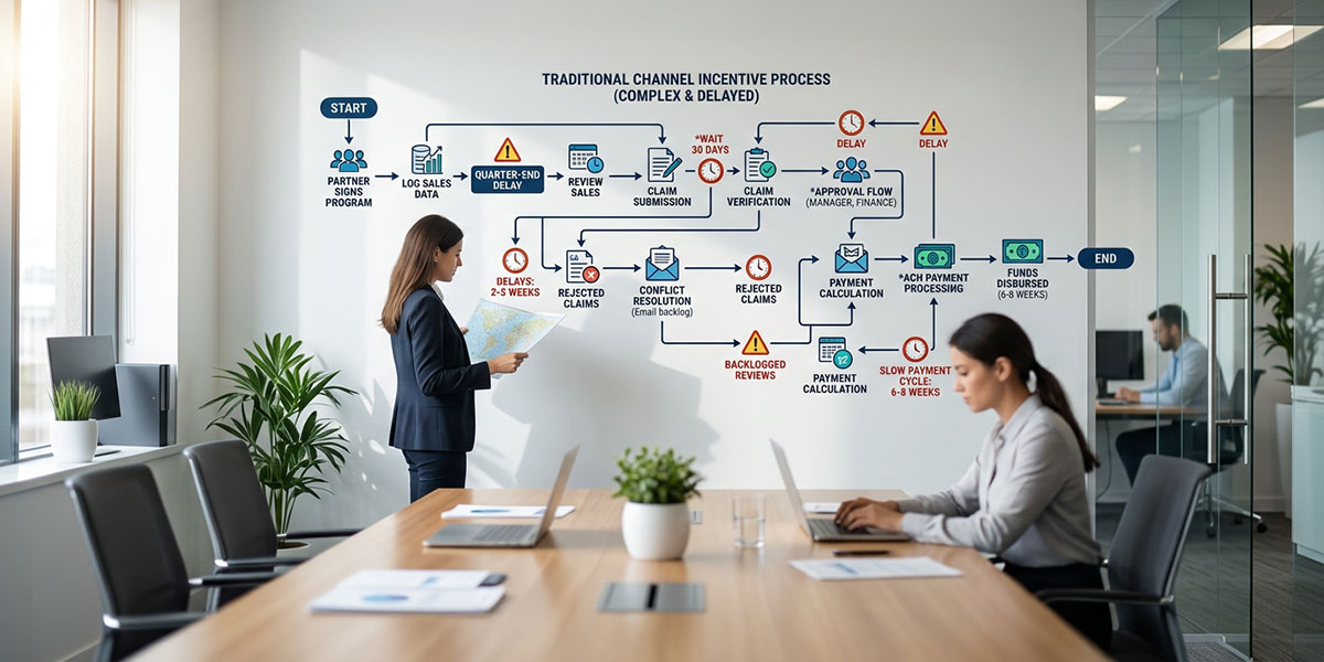 A flowchart showing the complex and delayed steps of a traditional channel incentive management process.
