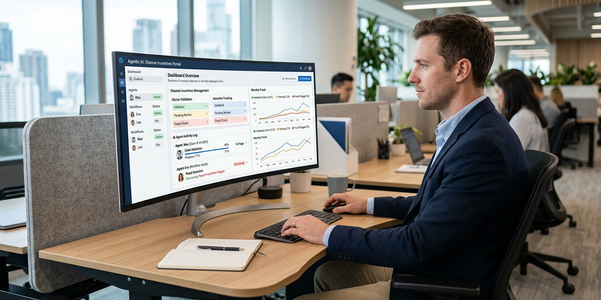 A user interface showing agentic AI agents managing various channel incentive management tasks like claim validation and fraud detection.