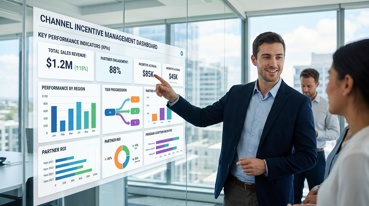 A real-time dashboard displaying key performance indicators for a channel incentive management program.