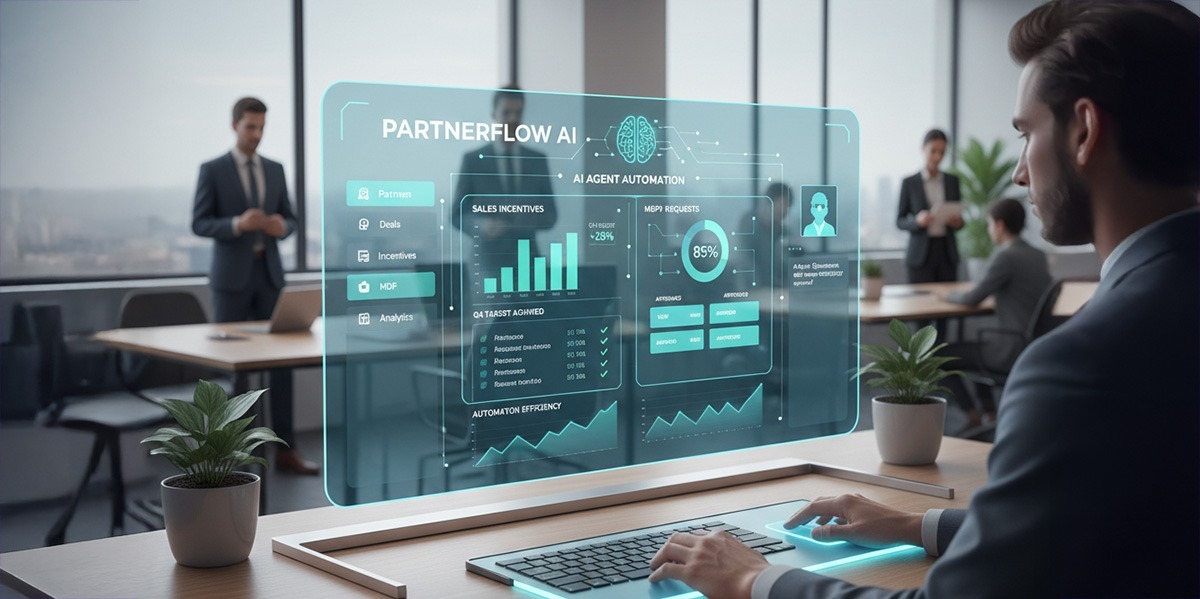 A dashboard view showing an AI agent automating partner sales incentives and MDF requests within a partner relationship management platform.