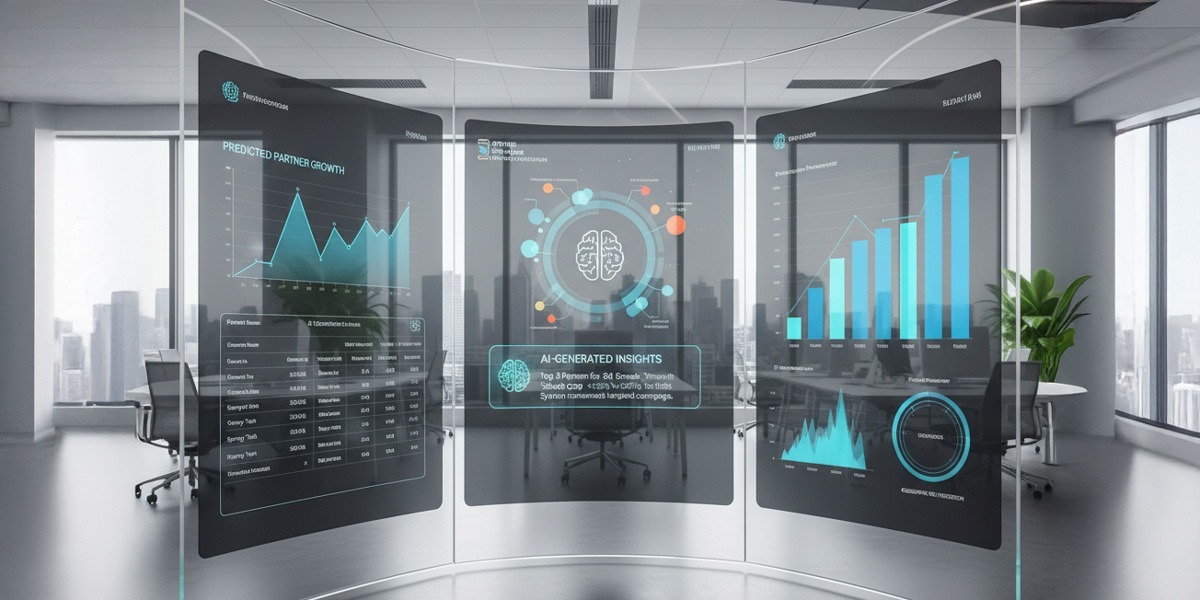 A sophisticated analytics dashboard with predictive charts and AI-generated insights for partner performance.