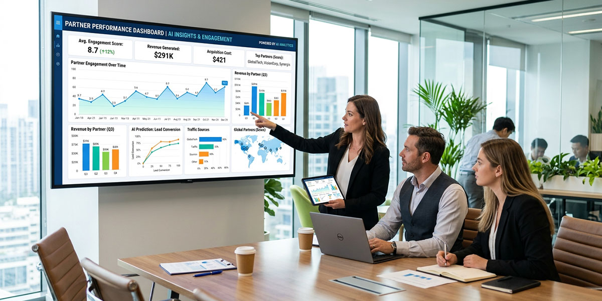 A dashboard showing AI-driven partner performance analytics and engagement metrics.