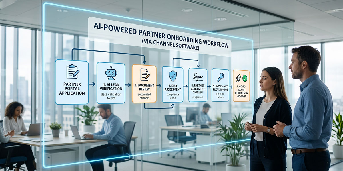 A flowchart illustrating an automated partner onboarding workflow managed by AI agents in channel software.