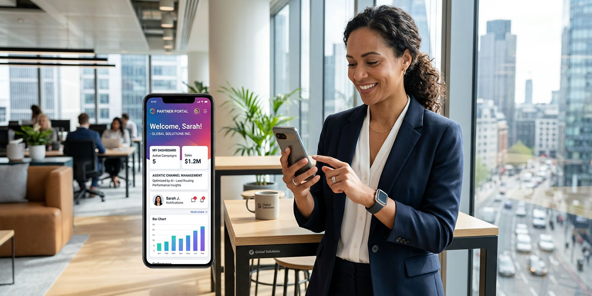 A person using a mobile device to interact with a personalized partner portal powered by agentic channel management software.