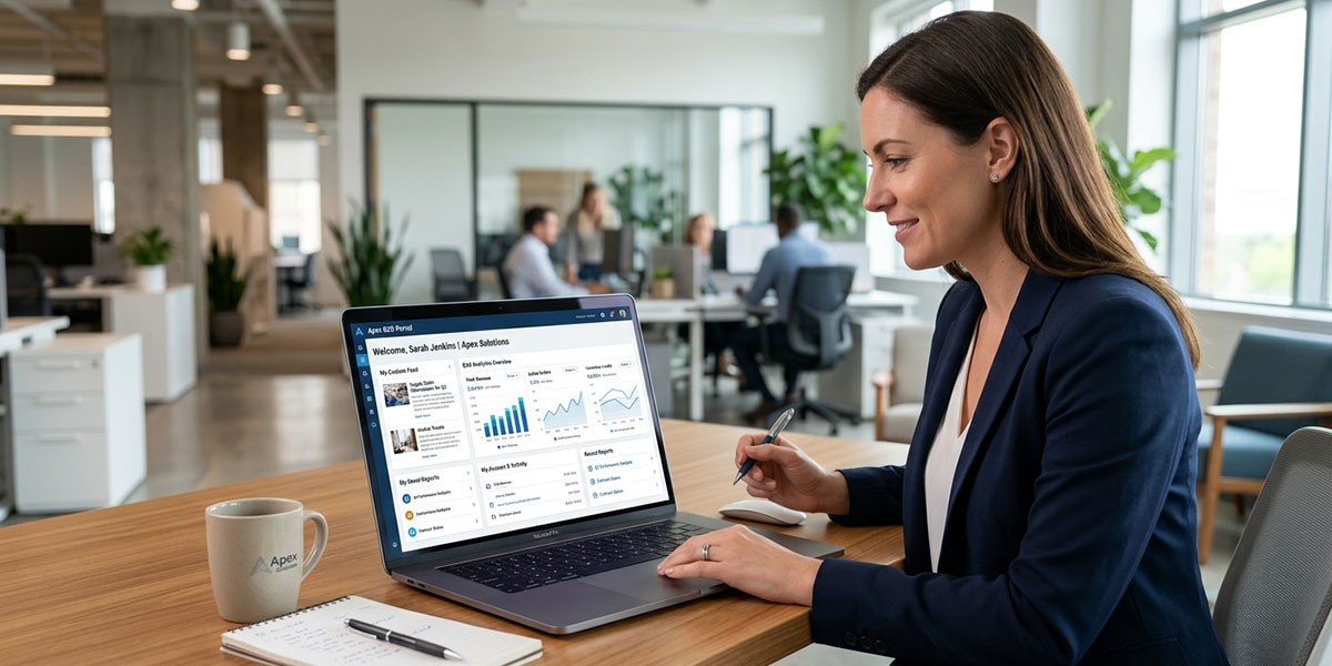 A personalized B2B portal dashboard showing custom content and analytics for a specific user.