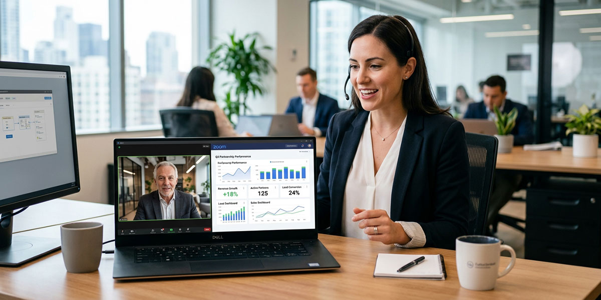 A channel manager having a productive video call with a partner, with performance data visible on the screen.