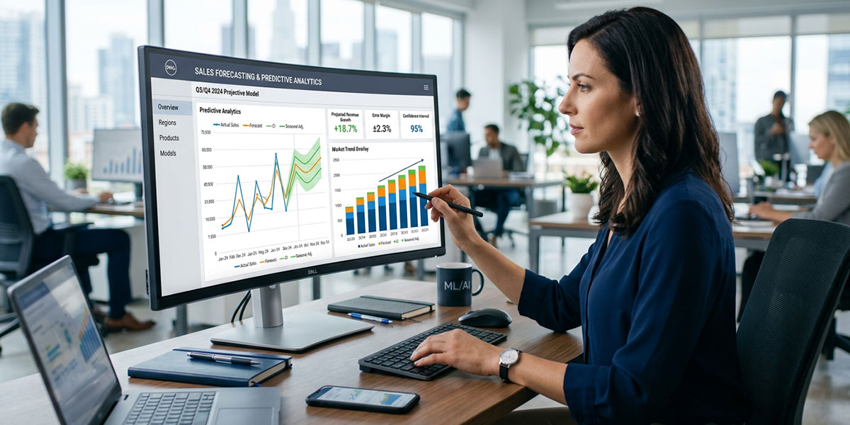 An intricate chart displaying predictive analytics for sales forecasting on a computer monitor.