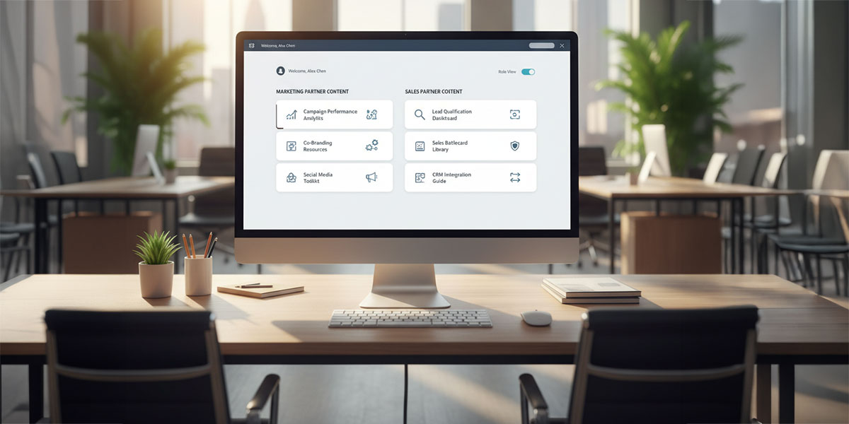 Dashboard showing personalized content modules for marketing and sales roles within a partner portal.