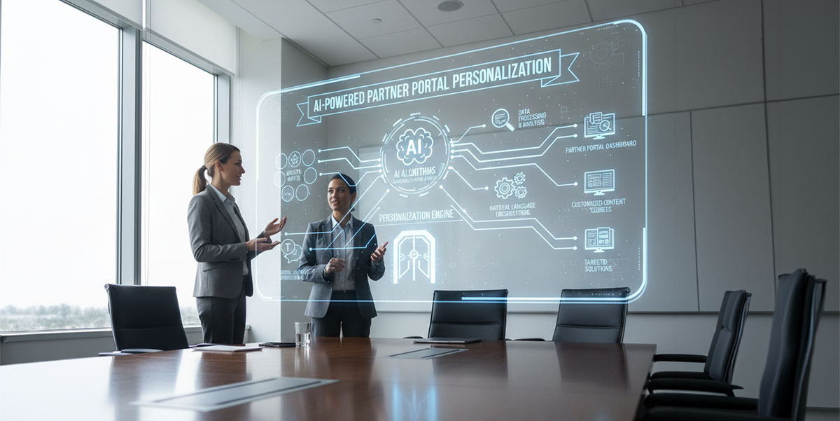 A diagram illustrating how AI algorithms like machine learning and NLP process user data for partner portal content personalization.