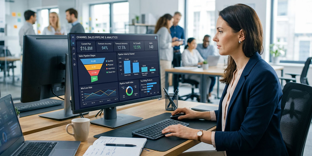 A dashboard showing channel sales pipeline visibility and analytics.