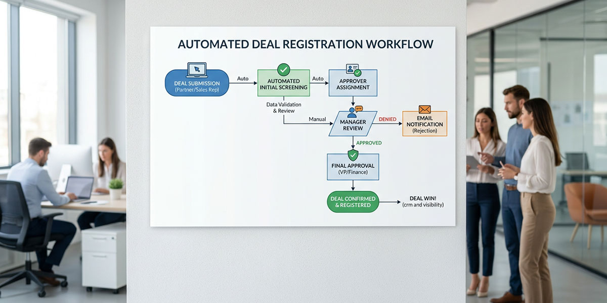 A flowchart illustrating an automated deal registration workflow from submission to approval.