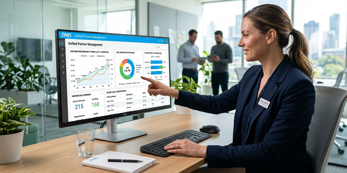 The ZINFI Unified Partner Management dashboard displaying deal registration and partner performance metrics.