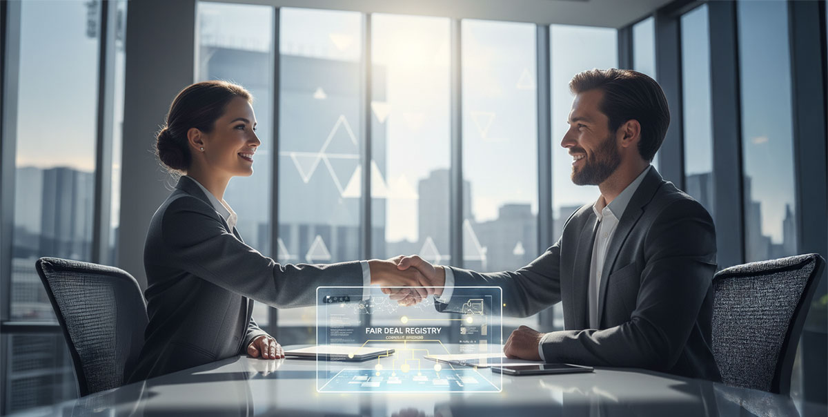 Two business partners shaking hands, symbolizing reduced conflict due to a fair deal registration process.