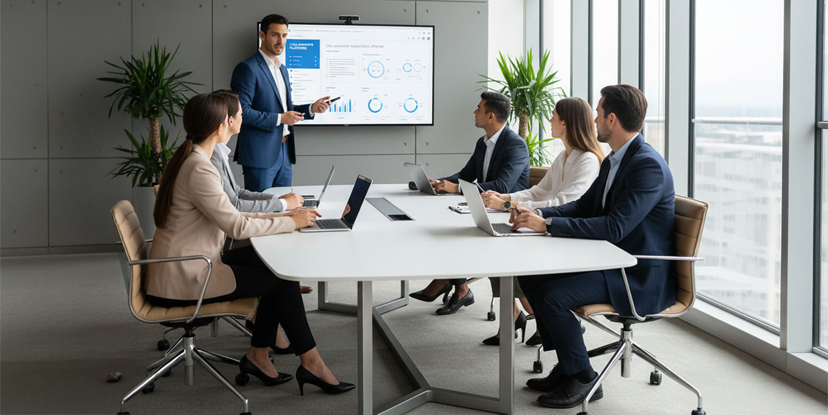 A person providing training to a group of partners in front of a screen showing a software interface.