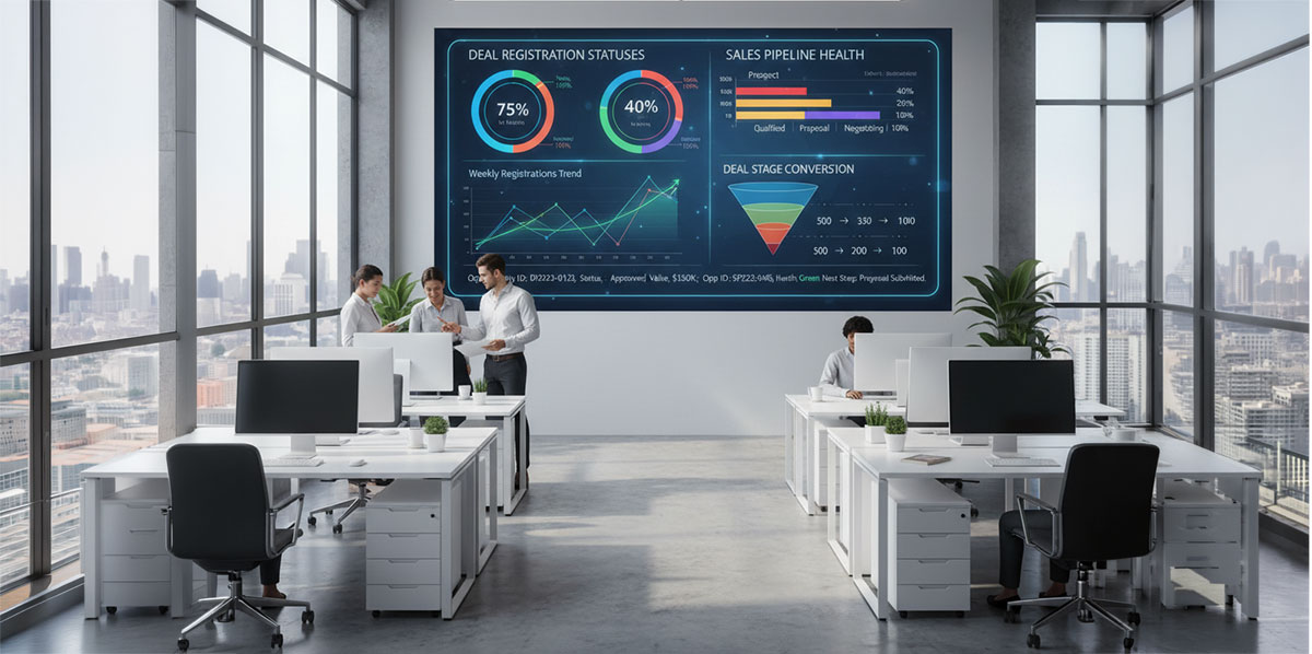 A dashboard with real-time graphs and charts showing deal registration statuses and sales pipeline health.