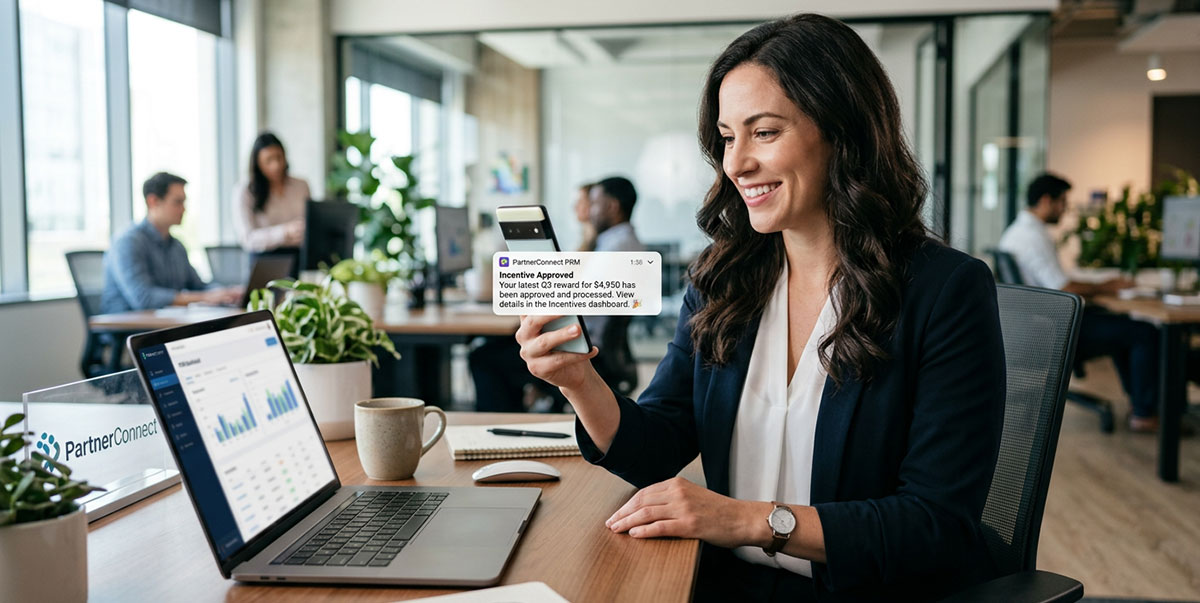 A mobile device showing an alert for a newly approved automated incentive payment within a Partner Relationship Management app.