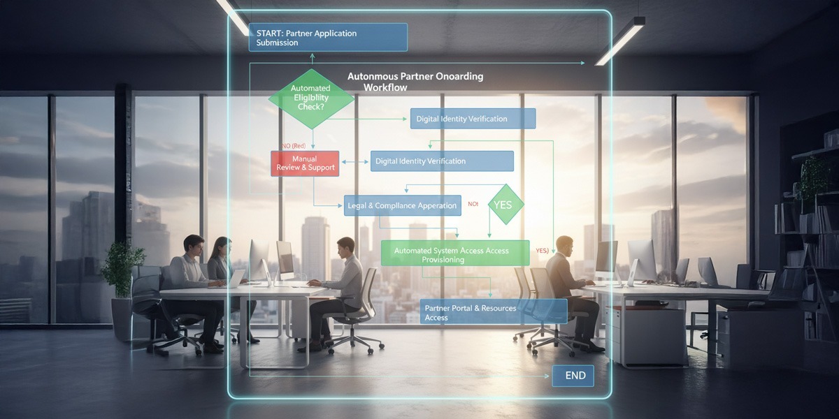 Flowchart showing the steps of an autonomous partner onboarding workflow.
