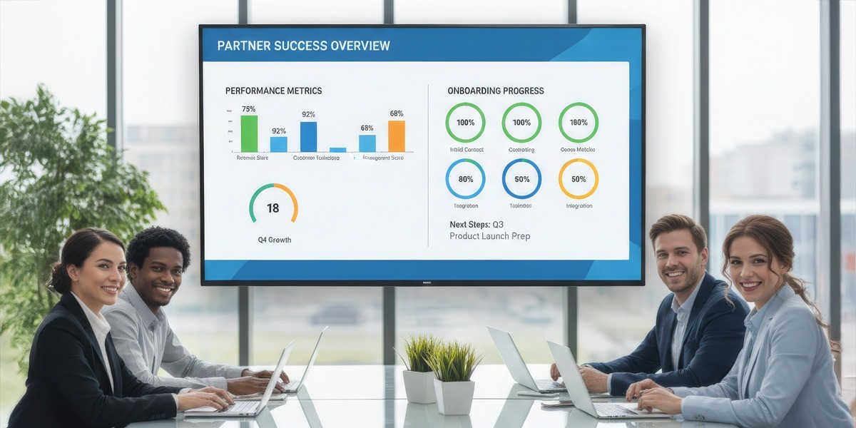 A dashboard displaying partner performance metrics and onboarding progress.