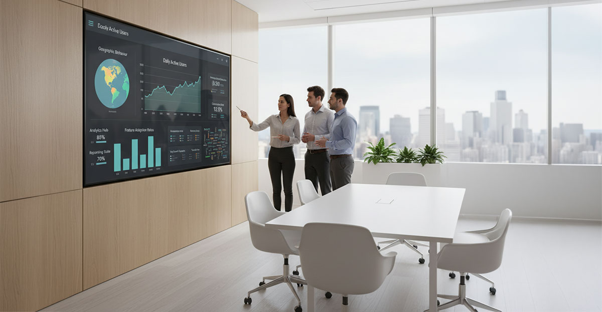 A data visualization dashboard showing user behavior analytics on a modern b2b portal interface.