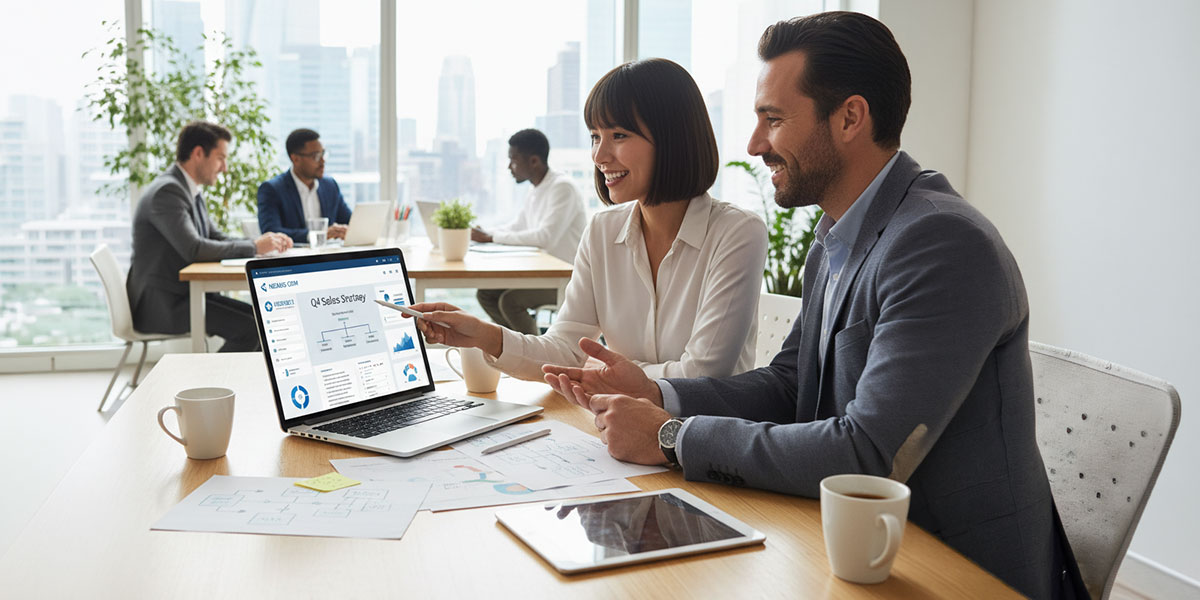 Two business partners collaborating and planning their sales strategy using a unified b2b portal on a laptop.