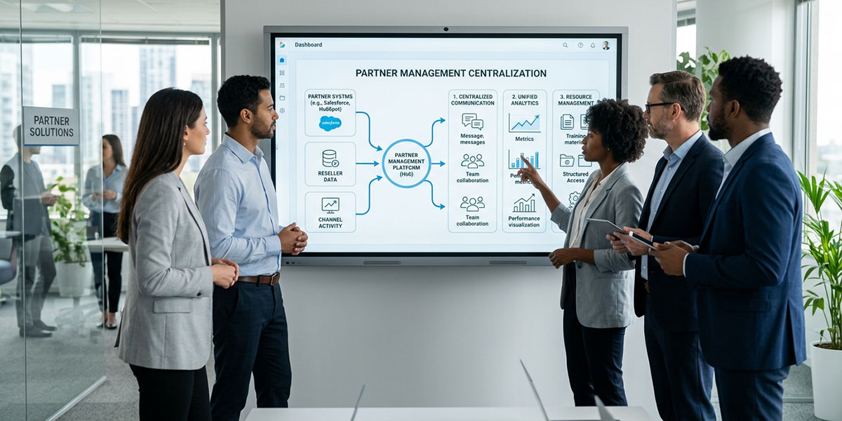 A diagram showing how partner management software centralizes communication, analytics, and resources.