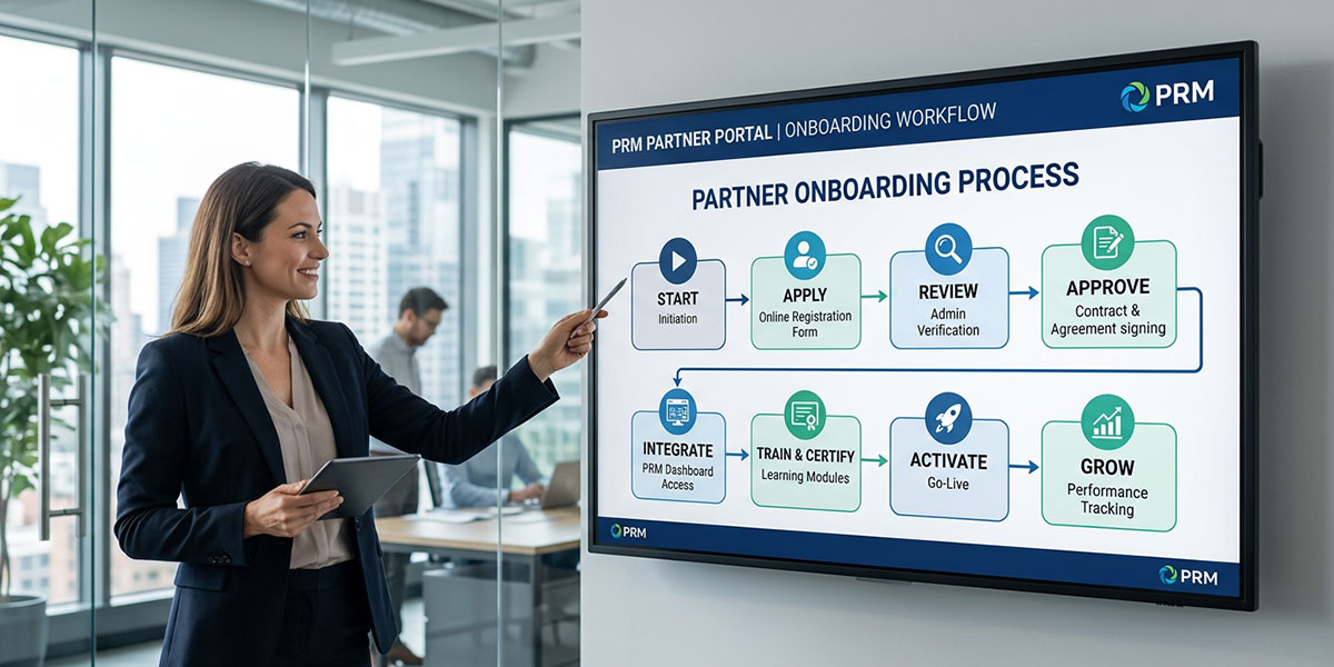 A flowchart illustrating the streamlined partner onboarding process using PRM software.