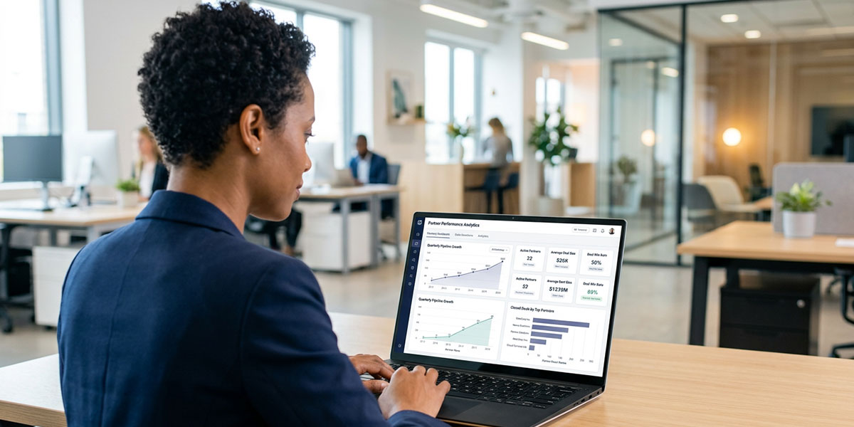 An analytics dashboard within PRM software showing partner performance KPIs like pipeline growth and closed deals.