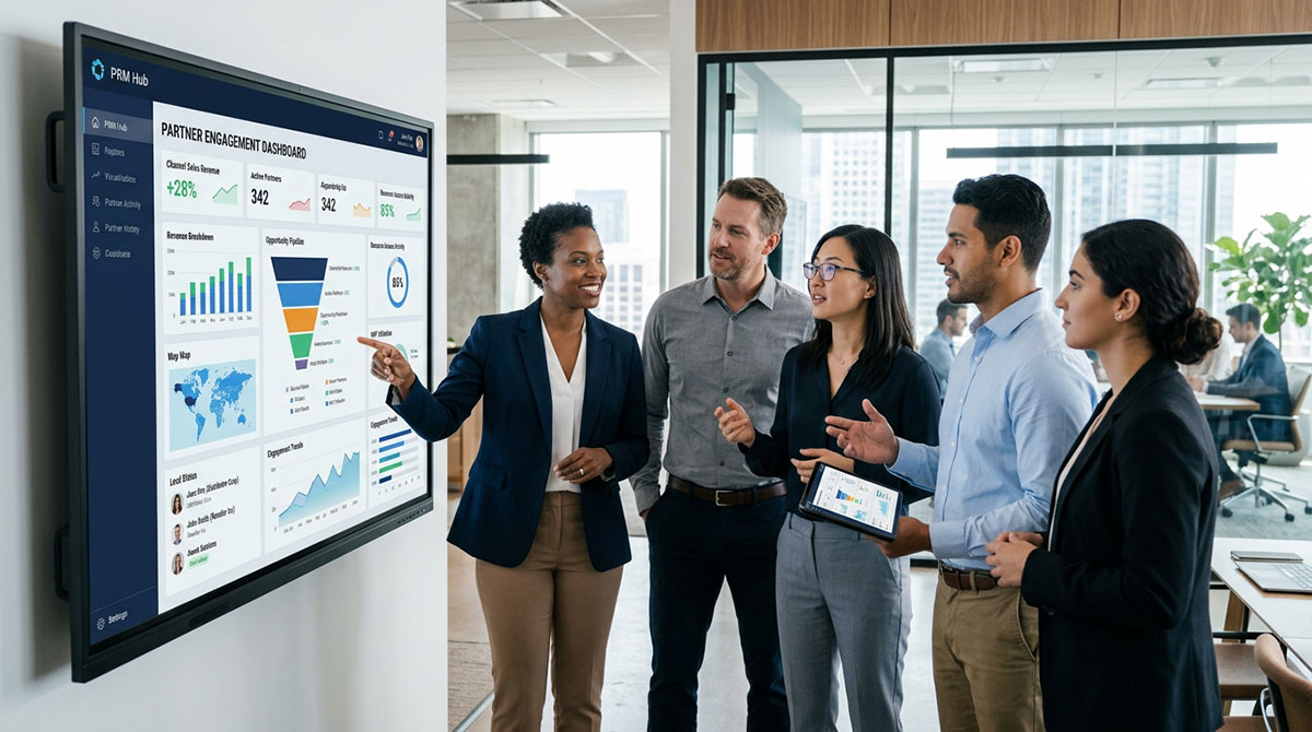 A group of diverse business partners collaborating around a screen displaying PRM software dashboard, symbolizing enhanced engagement.