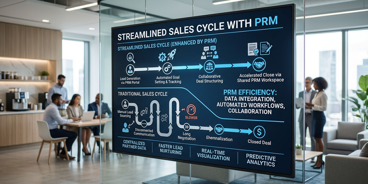 A flowchart showing a streamlined sales cycle from lead generation to a closed deal, highlighting the efficiency brought by PRM.