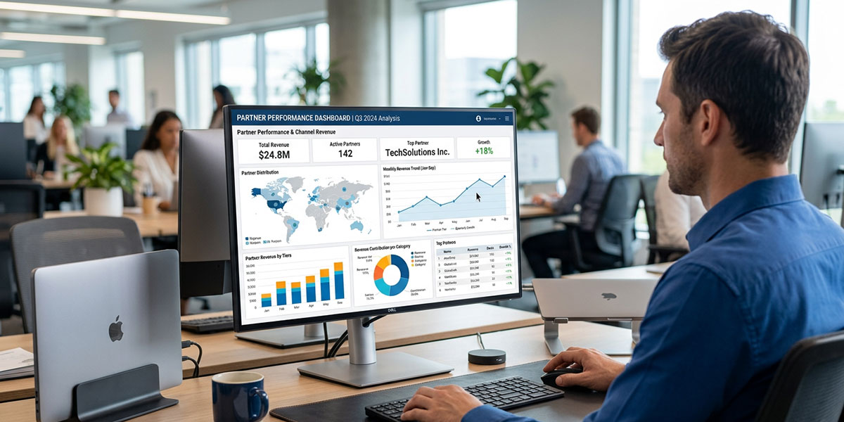 An analytical dashboard on a computer screen displaying various charts and graphs related to partner performance and channel revenue.