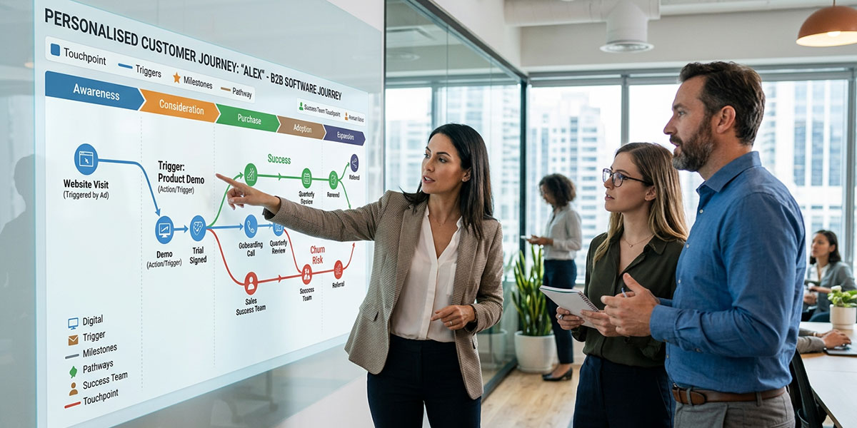 An illustration of a personalized customer journey map, showing different touchpoints and triggers.