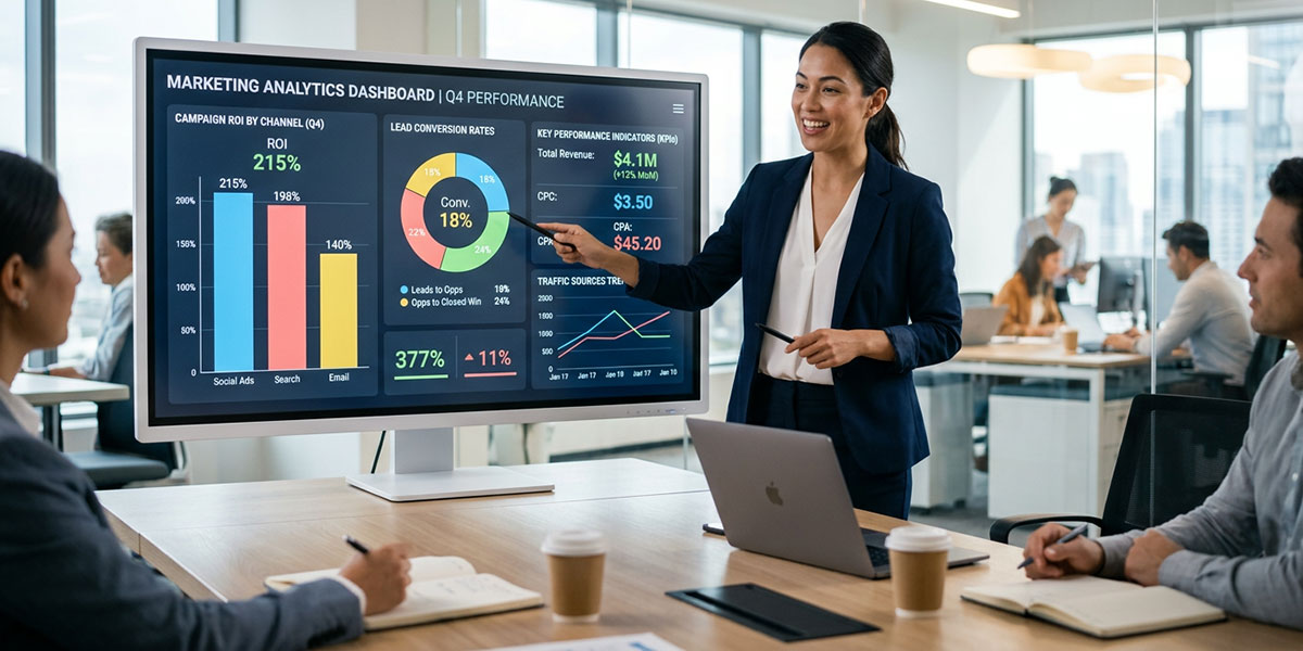 A marketing analytics dashboard with graphs showing campaign ROI, lead conversion rates, and other KPIs.