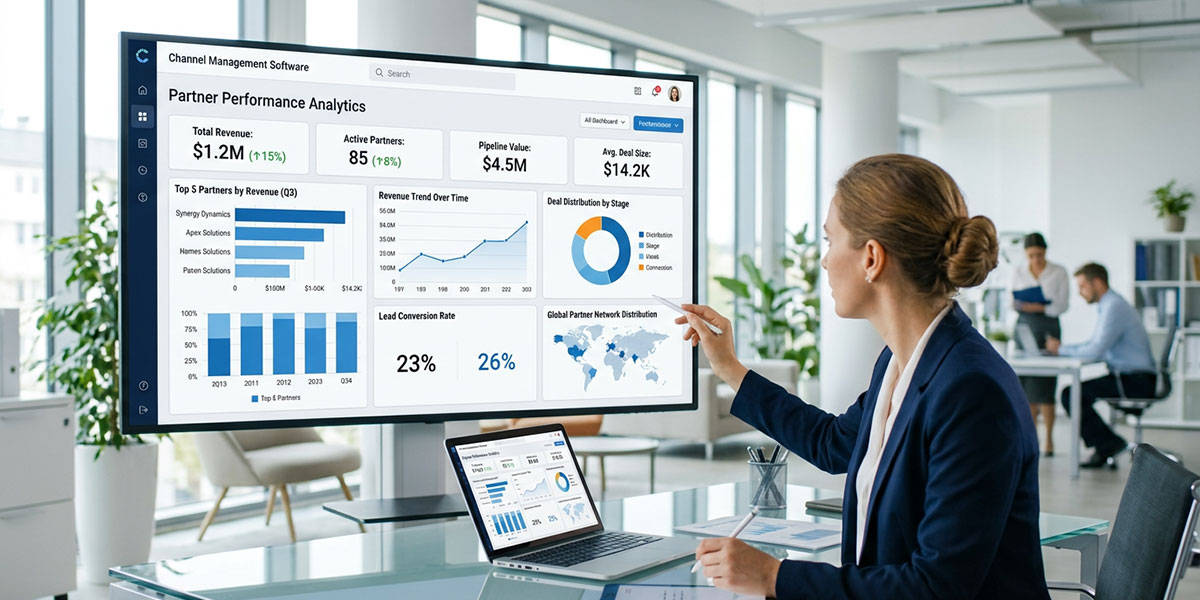 A dashboard from a channel management software showing partner performance metrics and KPIs.