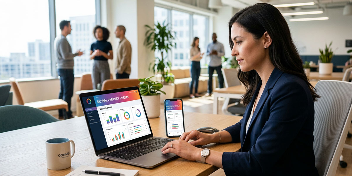 An illustration of a partner portal on a laptop and mobile phone, showcasing a responsive design.