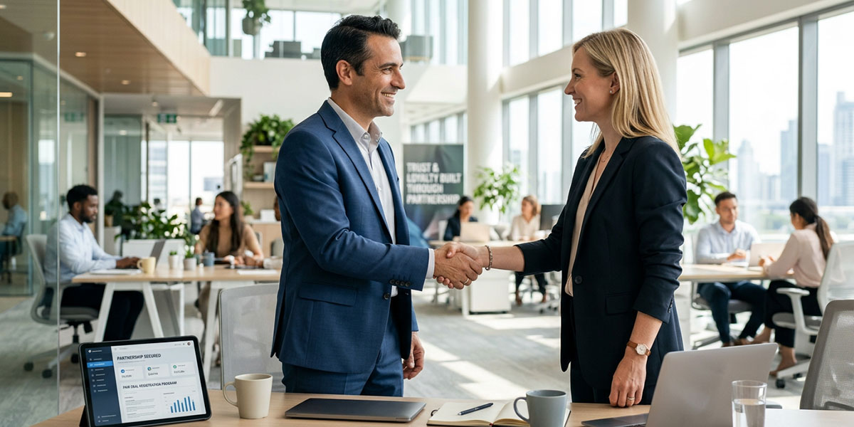 Two business partners shaking hands, symbolizing the trust and loyalty built through a fair deal registration program