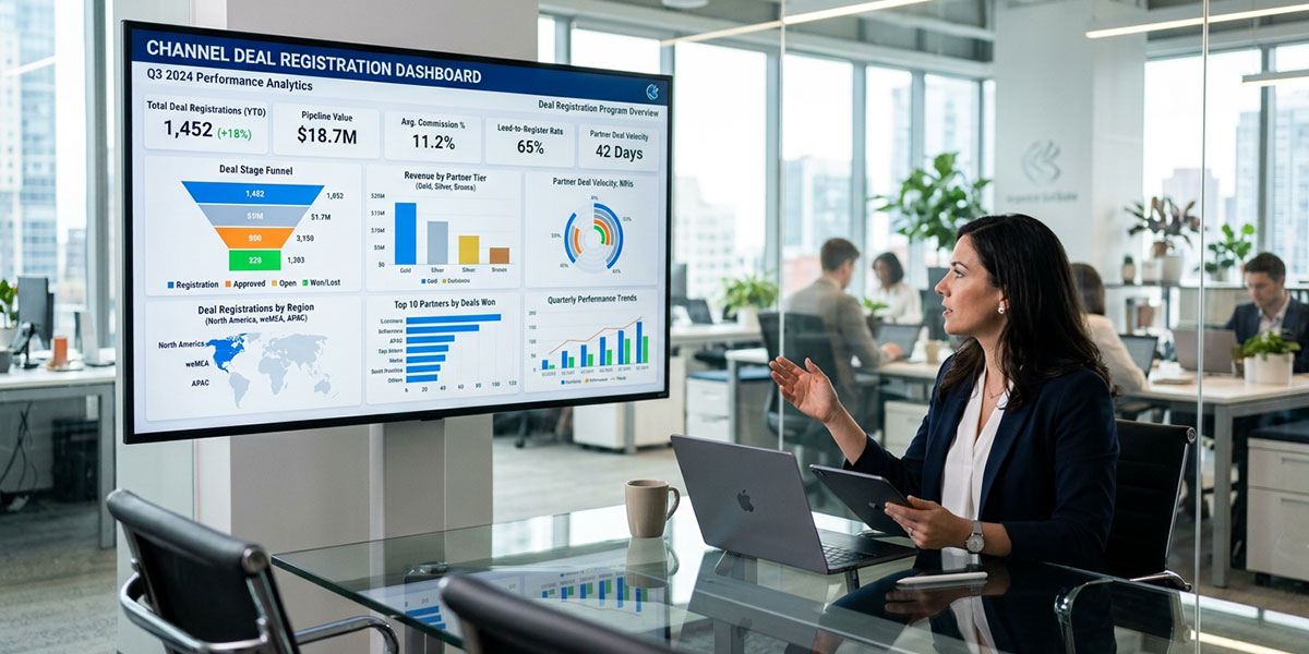 A business dashboard showcasing performance analytics and KPIs of a channel deal registration program