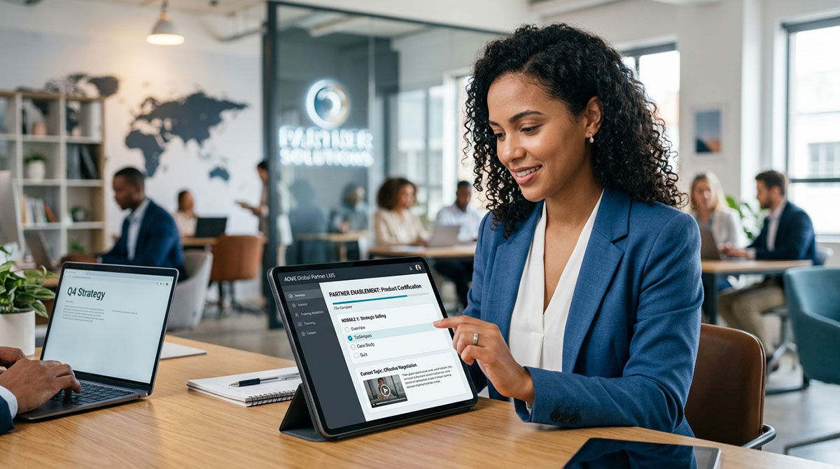 A training module interface on a tablet, showcasing partner enablement through a Learning Management System (LMS).