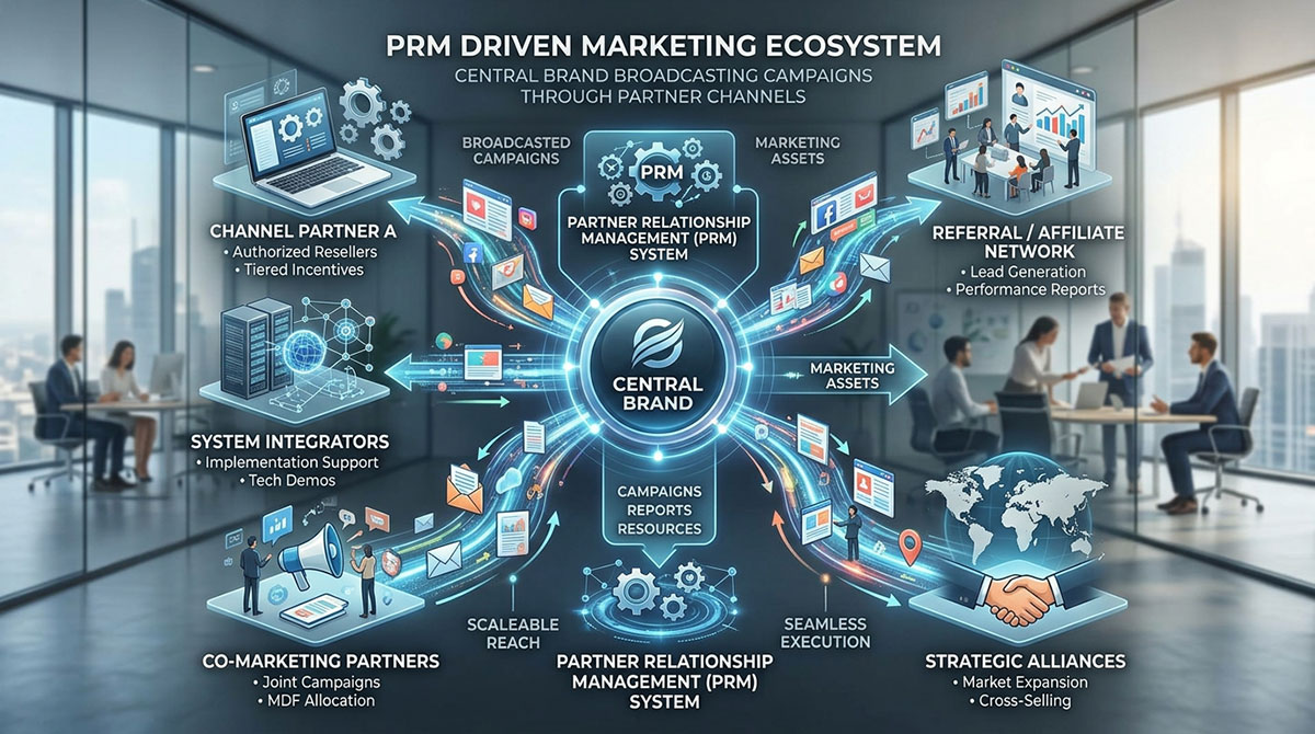 Diagram showing a central brand broadcasting marketing campaigns through multiple partner channels via a PRM.