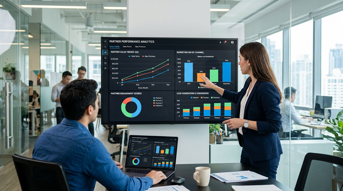 A dashboard with charts and graphs showing partner performance analytics, including sales trends and marketing ROI.