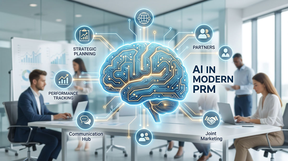 An icon of a brain with circuits represents the role of AI in modern Partner Relationship Management.
