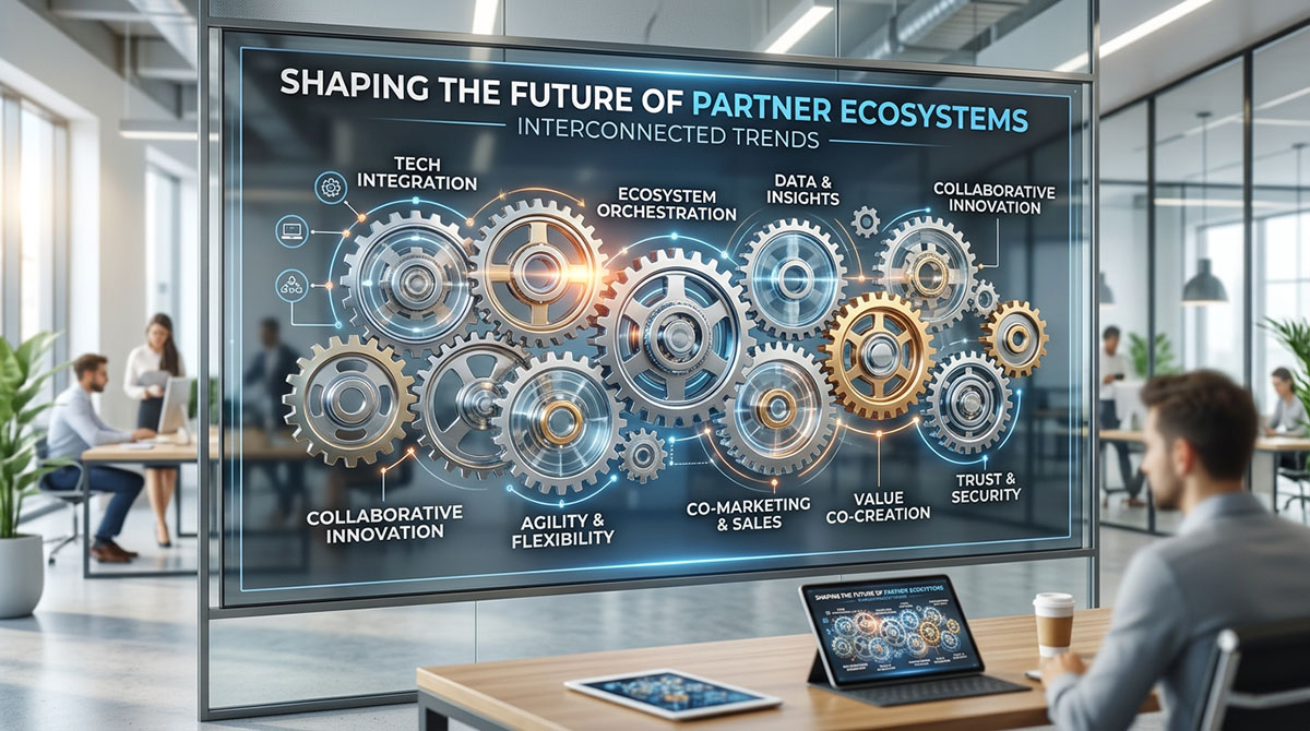 A graphic showing interconnected gears symbolizes trends shaping the future of partner ecosystems.