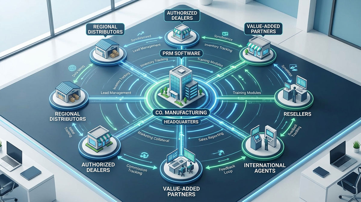 A diagram showing how PRM software connects a central manufacturing company to its distributed network of dealers and resellers.