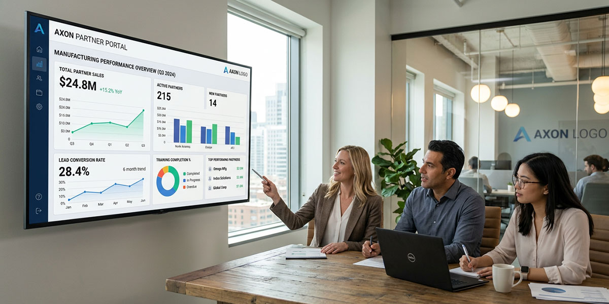 A dashboard from a PRM software showing key manufacturing KPIs like partner sales, lead conversion rates, and training completion.