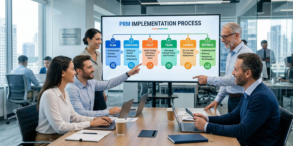 A step-by-step flowchart graphic illustrating the PRM implementation process: Plan, Configure, Pilot, Train, Launch, and Optimize.